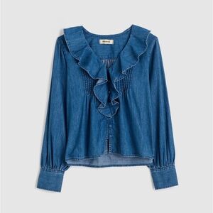 Madewell denim ruffled pintuck top NWT